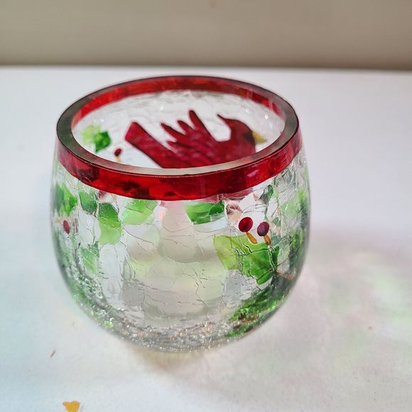 Cardinal With Holly Crackle Glass Votive Tea Light Candle Holder hanpain… - Picture 7 of 12